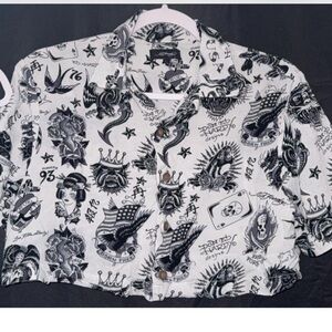 Ed Hardy Black and White Graphic Button Down Shirt crop top